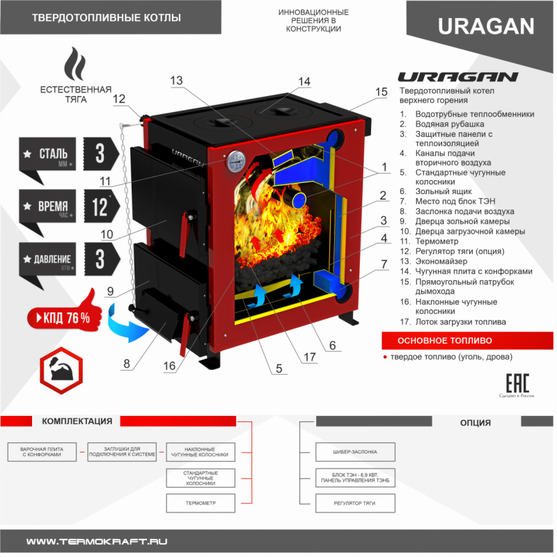 КОТЕЛ твердотопливный URAGAN (Ураган) с варочной поверхностью